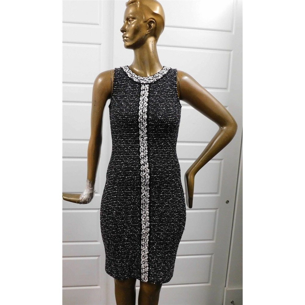 St John Black White Tweed Knit Sleeveless Long Dress sz 0